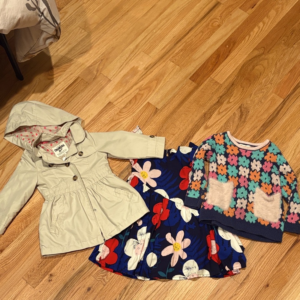 Toddler size 2 trio of jacket, brand new dress, sweater.